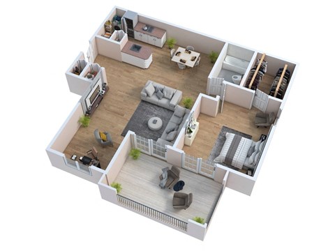 an overhead view of the living room and dining room of an apartment